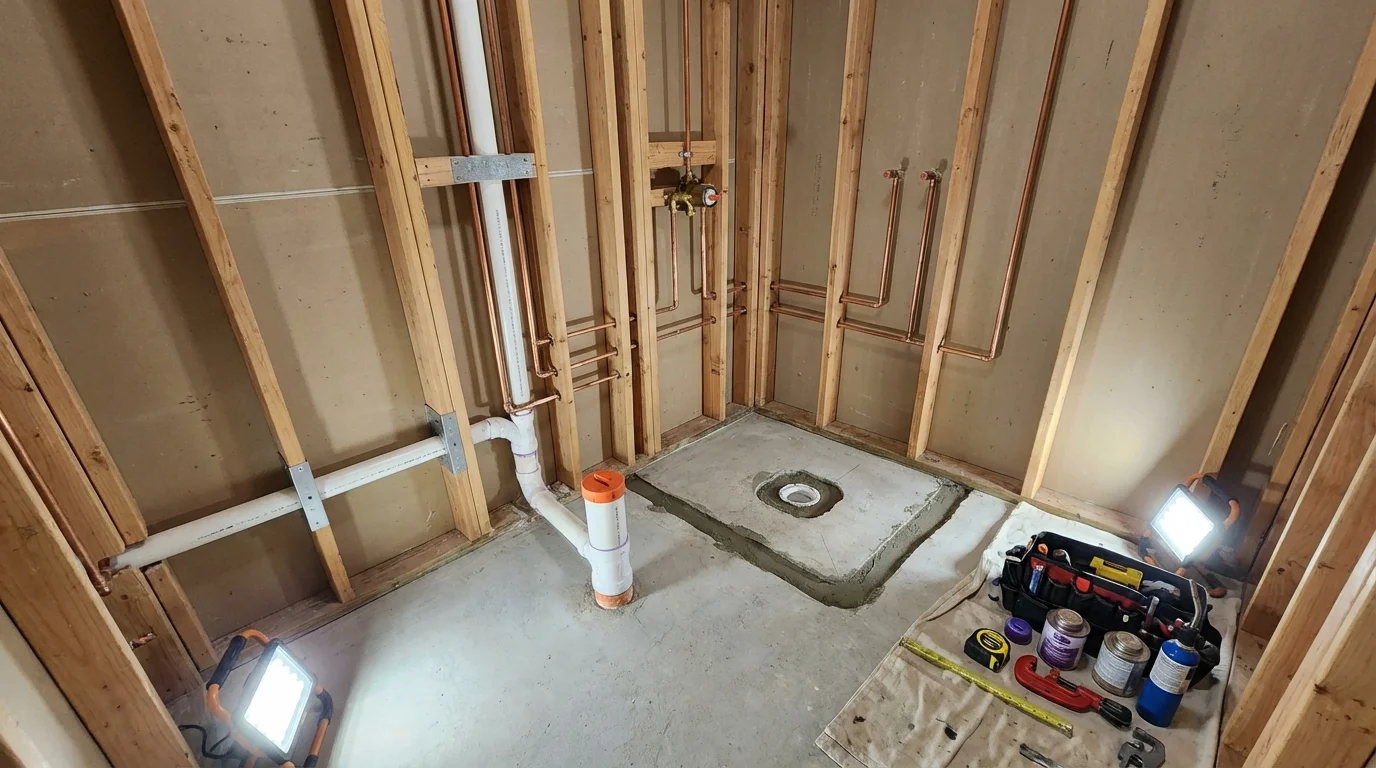 Bathroom rough-in plumbing during remodel by Johns Plumbing LLC in Bennett