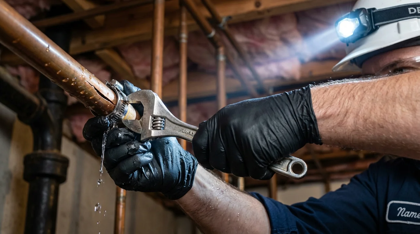 Emergency pipe clamp repair being performed by a Johns Plumbing LLC plumber in Bennett