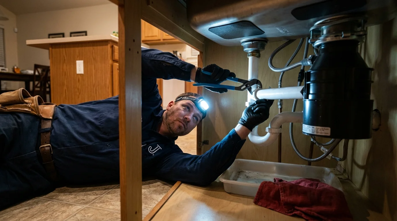 P-trap and supply line connections under a kitchen sink showing a common leak point in Bennett, CO